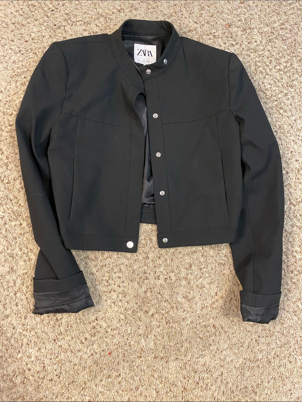 ZARA Black Cropped Snap-Front Bomber Jacket